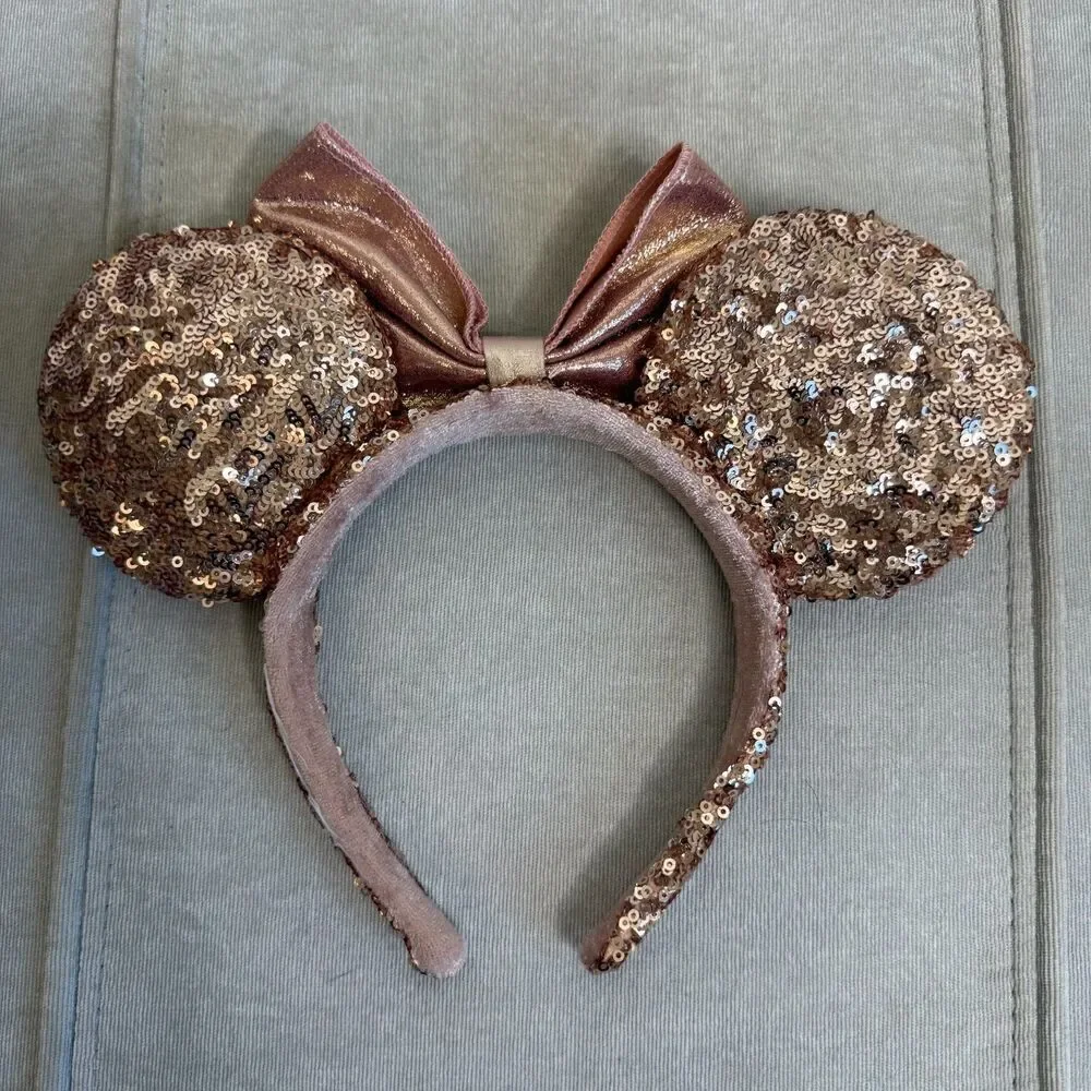 Disney Parks BUNDLE Rose Gold Sequin Pink Leopard Feather Minnie Headband Ears